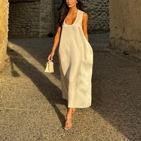 KHAITE Coli Silk Gazar Midi Dress in Chalk White Size 2 - Picture 12 of 15